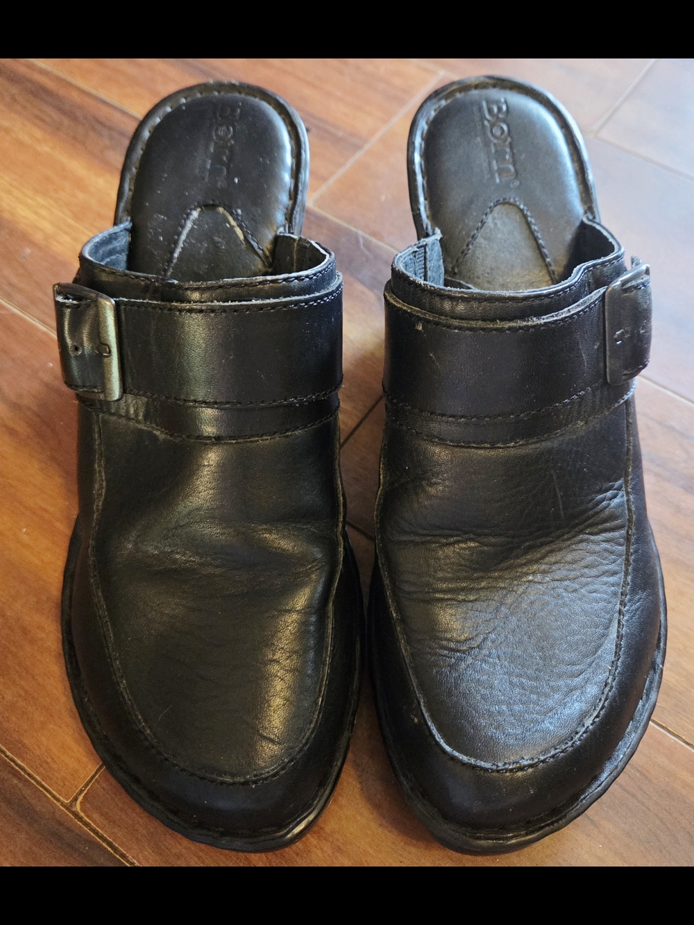 Women's Born Black Leather Slip-On Mules with Buckle Size 9